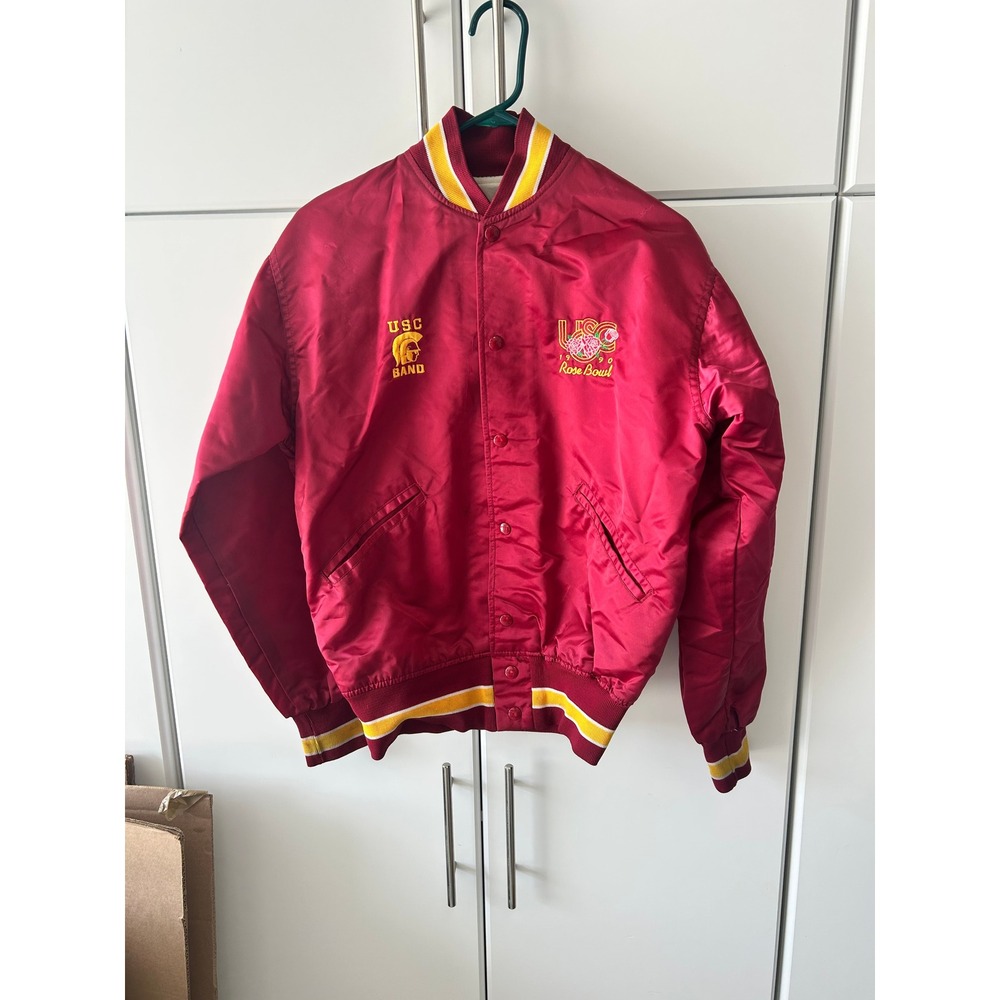 Vintage 1990 USC Rose Bowl Felco Mens Small Red Satin Bomber Jacket Trojans
